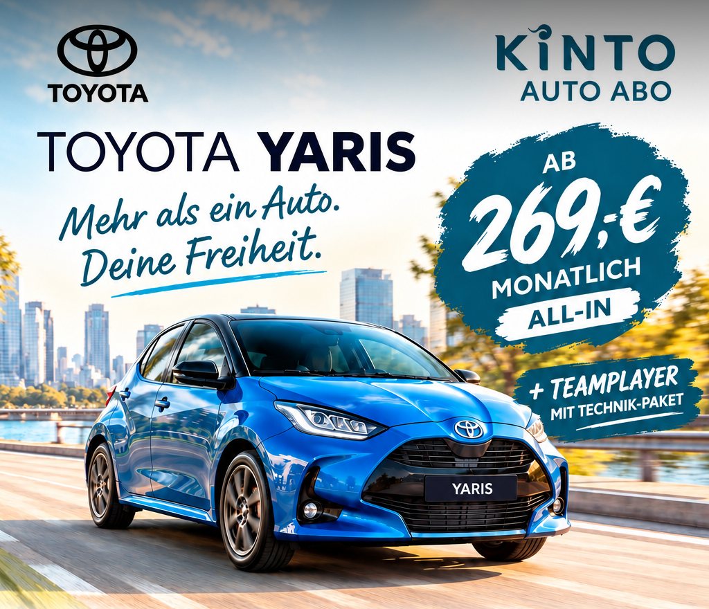 Toyota Yaris in Blau – KINTO Auto Abo ab 269 € monatlich all-in, Teamplayer mit Technik-Paket